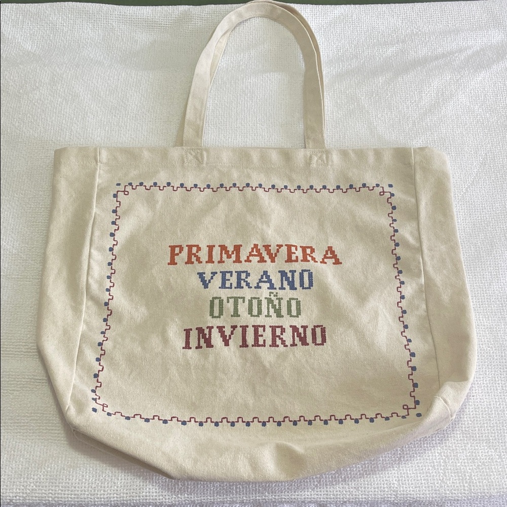 Sezane Cream Canvas Tote with Multicolor Seasonal Embroidery